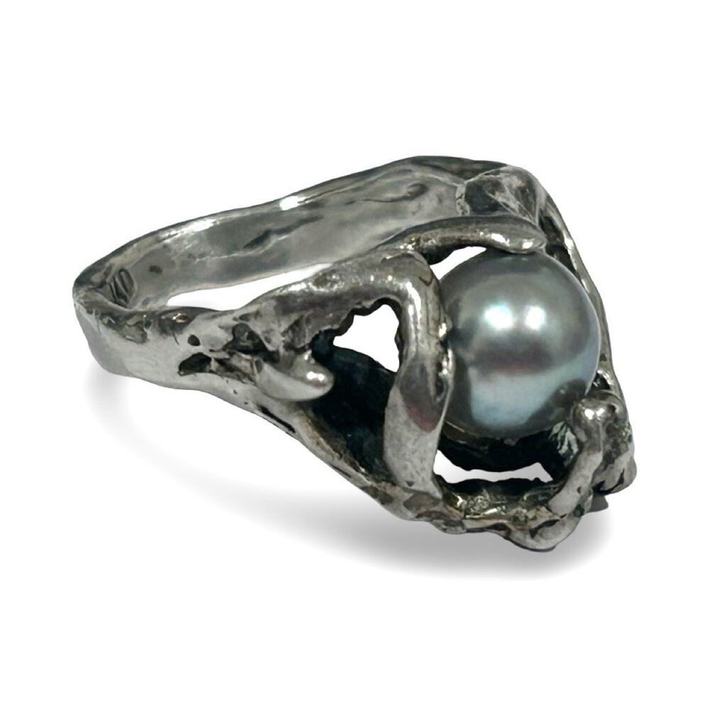 Brutalist JAD Sterling Ring with Silver Pearl on Vine Branches Shape Size 5.5